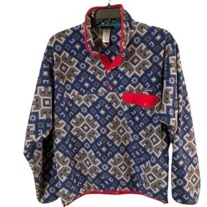 Men’s M Patagonia Synchilla Patterned Fleece Blue Gray Red‎ Trim